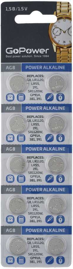 Батарейка GoPower G8/LR1120/LR55/391A/191 BL10 Alkaline 1.55V (10/1000/3600) Элементы питания (батарейки) фото, изображение